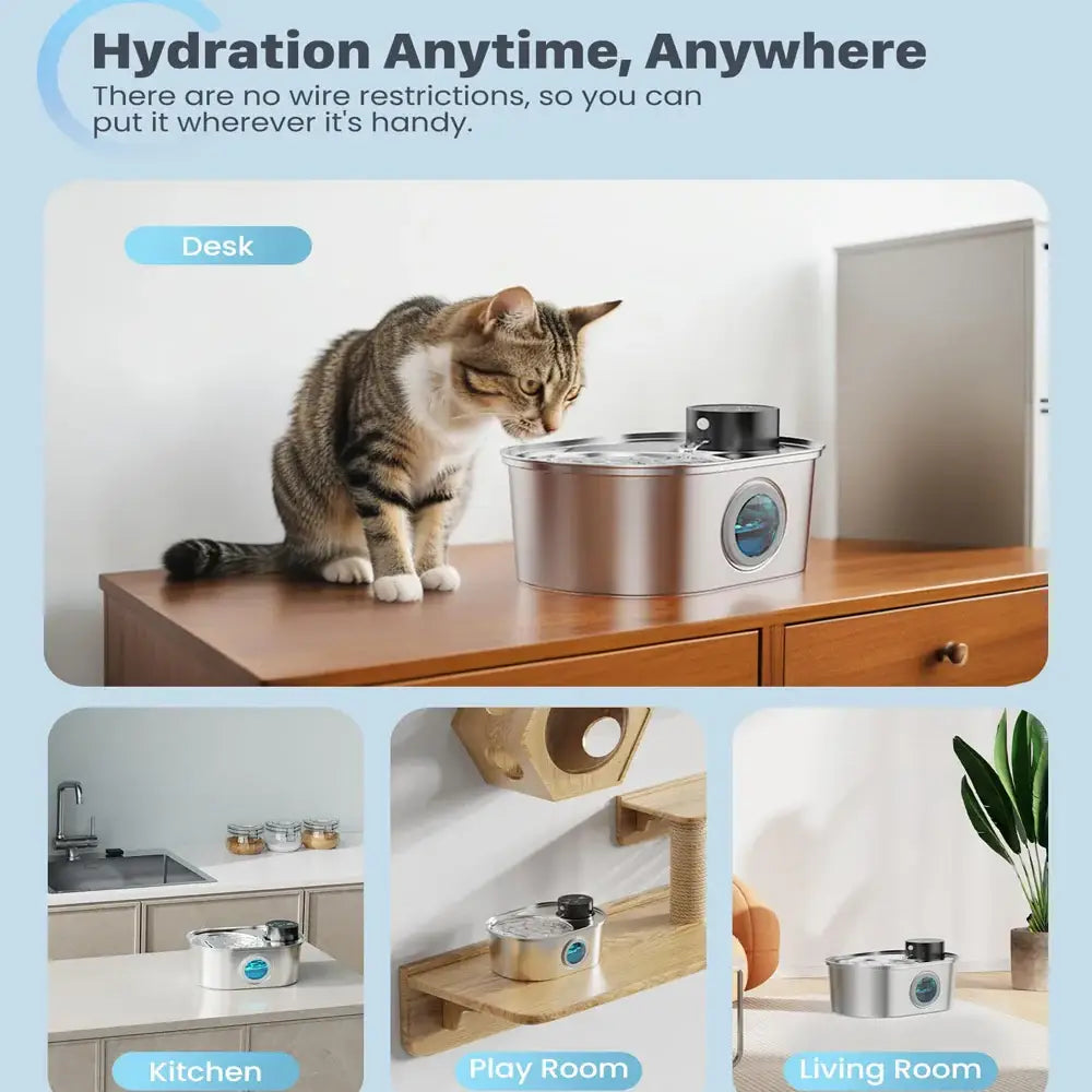 108oz/3.2L Stainless Steel Wireless Cat and Dog Drinker Rechargeable Automatic Pet Drinker Water Fountain Motion Sensor