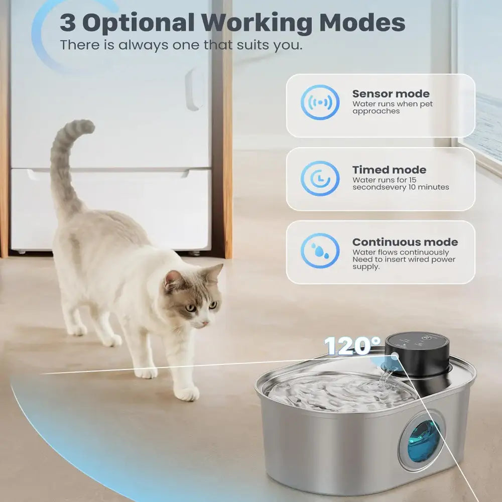 108oz/3.2L Stainless Steel Wireless Cat and Dog Drinker Rechargeable Automatic Pet Drinker Water Fountain Motion Sensor