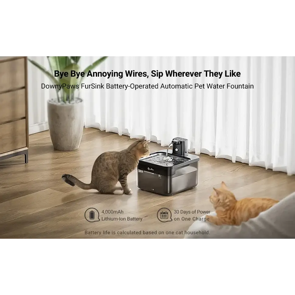 DownyPaws 2.5L Automatic Stainless Steel Cat Water Fountain 4000mAh Wireless Pet Drinker Battery & Sensor 2 in 1